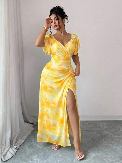 Elenzga Plus Size V-Neck Layered Mesh Knit Bodycon Ruched Slit Maxi Dress, Elegant Tie-Dye Marble Print Pattern, Vacation Style Design, Sexy & Slimming