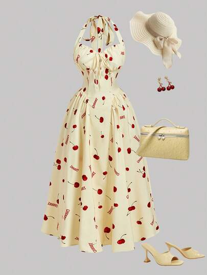 SHEIN MOD Plus Size Yellow Halter Umbrella Dress, Cherry Fruit Print Mid-Length Dress, Romantic Vacation Umbrella Dress.Plus Size Yellow Cherry Print Dress Halter Neckline Sweetheart Bodice Flared Midi Skirt Ruched Bust Vintage-Inspired Style Bow Tie Back Fitted Waist Soft Sheen Lightweight Fabric Playful Pattern Bright Red Accents Feminine Silhouette Elegant Drape Classic Charm Retro Look Gathered Detail Smooth Finish Summer Vibes