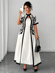 Elenzga Fashionable Casual Vacation Elegant Retro French Style Waist Cinched Floral Print Dress - Apricot - View 1