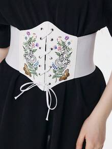 ROMWE Goth 一件式女士花卉草蛇蛾图案装饰深色皮革材质深色六角腰束腰带连衣裙配饰日常百搭万圣节配饰 - 白色皮革 - 查看 2