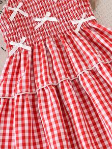 SHEIN 少女休闲可爱清新田园风蝴蝶结荷叶边格子吊带连衣裙 - 紅色 - 查看 2