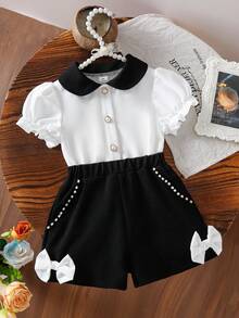 SHEIN Elladie kids 女童优雅可爱彼得潘领珍珠纽扣泡泡袖衬衫配蝴蝶结珍珠短裤套装 - 黑與白 - 查看 1