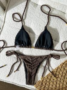 Elavelle Ensemble de bikini en tissu jacquard avec décorations métalliques tressées pour femmes, printemps/été - Tabac - Voir 2