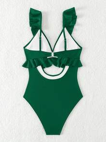 Swim Basics 女士纯色荷叶边镂空连体泳衣，休闲沙滩泳池装 - 墨綠色 - 查看 7