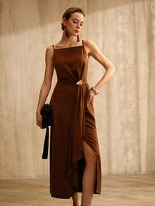 MOTF PREMIUM SLEEVELESS METAL DECOR SLIP DRESS, VINTAGE STYLE, SPRING/SUMMER - Coffee Brown - View 6