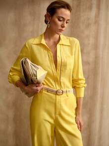 MOTF PREMIUM CAMISA Y PANTALONES DE BOLSILLO DE LINO PARA COMMUTER - Amarillo - Ver 5