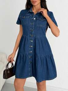 SHEIN 100% COTTON WOMAN RUFFLE DENIM DRESS - Dark Wash - View 3