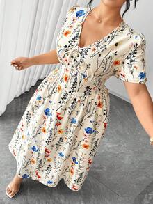 Elenzga 时尚休闲度假法式复古优雅浪漫花瓣袖系腰蝴蝶结印花连衣裙 - 杏色 - 查看 4