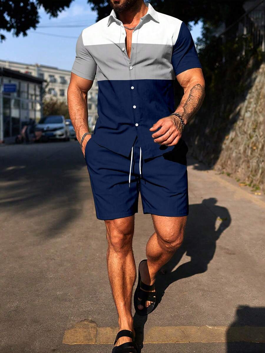 Manfinity CasualCool 男士休闲撞色纽扣短袖衬衫和短裤套装 - 彩色 - 查看 1