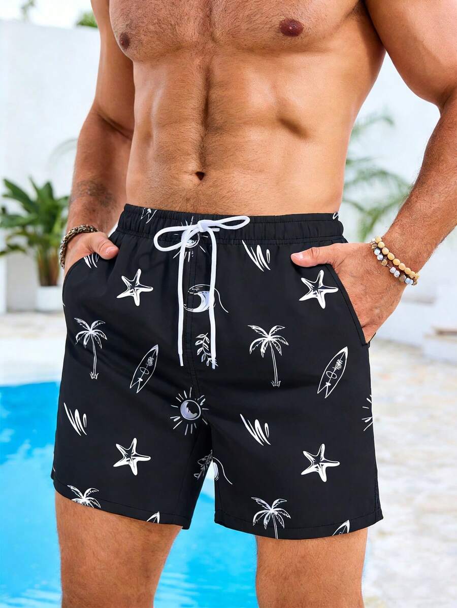 Manfinity Swimmode Quần short nam in hình sao biển và cây dừa, cạp chun có túi, kiểu dáng thường ngày, đa năng, thích hợp đi biển. - màu đen - Xem 1