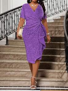 Fleurora Gaun Musim Panas Ungu Elegan untuk Wanita, Gaun Lilit untuk Tamu Pernikahan Formal, Gaun Midi Ukuran Plus dengan Leher V Dalam dan Hiasan Berlian Imitasi Berkilau untuk Pesta & Prom - Purple - View 5