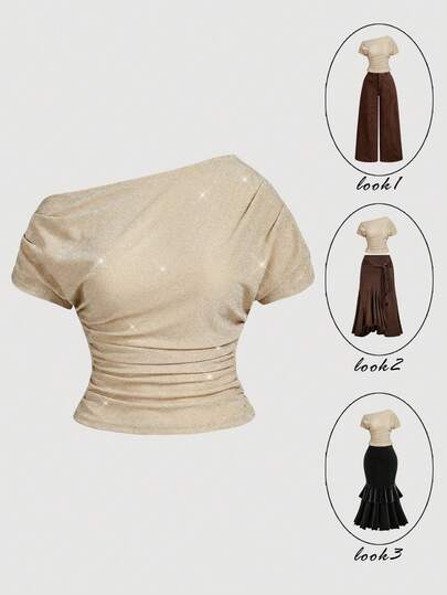 SHEIN MOD Plus Size Women Metallic Knit Top, Asymmetric Shoulder Blouse, Shiny Fabric Top, Spring/Summer.Plus Size Champagne Gold Top Asymmetrical Neckline Short Sleeves Shimmer Effect Ruched Waist Stretch Fabric Fitted Silhouette Soft Texture Elegant Draping Sparkly Finish Lightweight Material Gentle Sheen Luxurious Look Flattering Cut Sophisticated Color Subtle Gathering Metallic Shine Classic Style Party-Ready Appearance Feminine Detail, Summer Tops