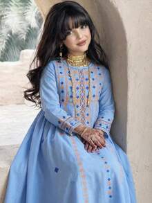 SHEIN Tween Girl Print Long Sleeve Dress, Vacation Style - Blue - View 3