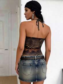 Slouenne Slouenne Spring/Summer New Sexy Tank Tops: Featuring Curves, Snake Print, Zebra Print, Animal Print Patchwork, Abstract Pattern Prints, Halter Neck, Tie-Up Design, Open Back, Street Style, Versatile And Suitable For Various Occasions. - Brown - View 2