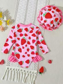 SHEIN GraphicGems 女婴可爱粉色草莓荷叶边连体泳衣，弹力舒适，适合夏季游泳 - 彩色 - 查看 2