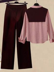 GlowEve CURVE Plus Size Women's Casual Striped Print Batwing Loose Blouse And Wide Leg Pants 2 Piece Set, Suitable For Work, Commute, Vacation, Spring/Autumn - Red - View 2