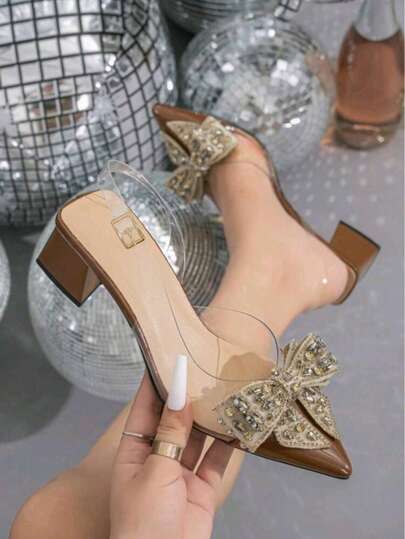 ISPORTE Sandalias de tacón alto de estilo retro y punta fina, de lujo. Adornadas con un lazo de pedrería, estas sandalias brillantes y elegantes de tacón cuadrado son perfectas para fiestas, banquetes, bodas y mucho .