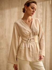 MOTF PREMIUM ELEGANT HIGH-END DESIGN ADJUSTABLE BUCKLE CINCHED WAIST V-NECK LONG SLEEVE LINEN BLOUSE - Apricot - View 6