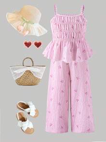 Young Girl' Cute Striped Bow Print Camisole And Wide Leg Pants Set, Summer Girld Outfit Set Set Outfit For Girl Strawberry Pound Cake Outfits Girls Outfit Sets Vacation Summer Clothes Set Two Piece Maxi Set For Girls Young Girls Cami And Wide Leg Pants Set Little Girl Maxi Dress Summer Lounge Set Tweens - Mauve Purple - View 6