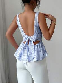 Elenzga Blusa sin mangas con cuello redondo, volantes en el bajo, diseño de lazo y espalda abierta con estampado de rayas - Azul - Ver 2