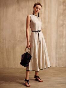 MOTF PREMIUM ELEGANT SLEEVELESS ROUND NECK CONTRAST TRIM MIDI A-LINE DRESS, VINTAGE STYLE, SPRING/SUMMER - Apricot - View 6