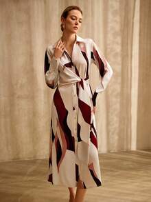 MOTF PREMIUM GEOMETRIC COLOR BLOCK PRINT LONG SLEEVE SHIRT DRESS, VINTAGE STYLE, SPRING/SUMMER - Multicolor - View 4