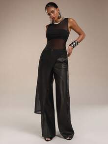 Normani 春夏女式音乐会服装 外出休闲装 2000年代 Y2K 90年代 俱乐部复古锐舞装 音乐节 老钱街头风 复活节 圣帕特里克节 女士派对 海滩婚礼 外出 毕业典礼 优雅度假 休闲 节日 正式 网眼针织透视黑色不对称下摆上衣 女士工作裤 女士高个裤 女士工作服 黑色裤子 女士工作套装 - 黑色 - 查看 5