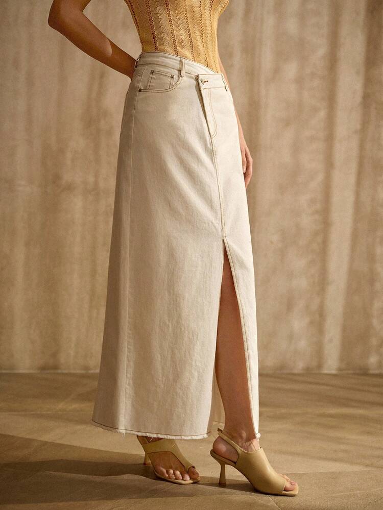 LONG DENIM SKIRT WITH ASYMMETRICAL PLACKET, VINTAGE STYLE, SPRING/SUMMER