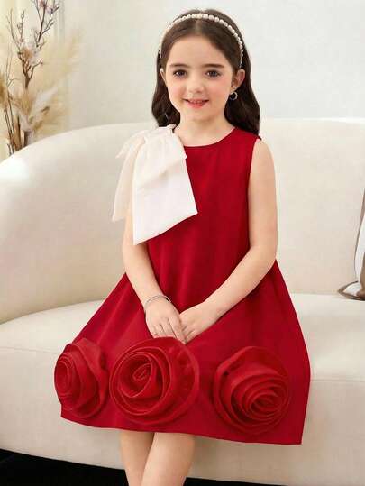 SHEIN Young Girl Spring/Summer New Pink Elegant Big Bow Decor Ruffle Hem Sleeveless A-Line Lace Dress, Gorgeous Princess, Formal Wear, Sibling Outfit, Party Dress, Birthday Sister Outfit, Suitable For Girls Daily Wear, Festivals, Family Gatherings And Special Occasions, Sibling Style, Spring/Summer, Cute, Elegant, Sweet, Retro, Fashionable. Mother And Daughter, Sisters Matching. Valentine's Day, Girls Red Dress جلابياتjalabiya  عباياتabaya Abaya الملابس التقليدية العربية  جلابيةjalabiya قفطان