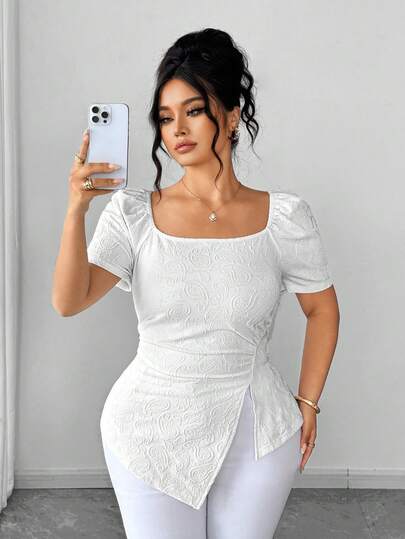 Elenzga Plus Size Solid Color Square Neck Fitted Hem Split T-Shirt, Suitable For Everyday Wear