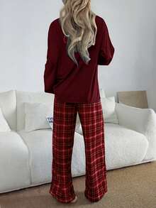 Dream Adore Women's Casual Loose Plaid Print Pajama Set - Burgundy - View 2