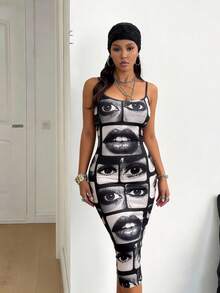 Slouenne Slouenne Đầm dệt kim in kỹ thuật số dài đến đầu gối, dây đeo có thể điều chỉnh, dành cho nữ, mùa hè. - màu đen - Xem 3