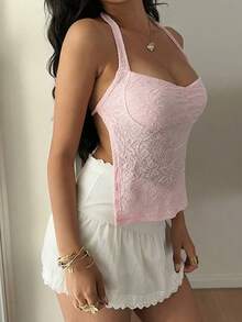 Sunnyshic Áo hai dây cổ yếm buộc nơ màu hồng dành cho nữ, chất liệu có họa tiết. - Hồng - Xem 5