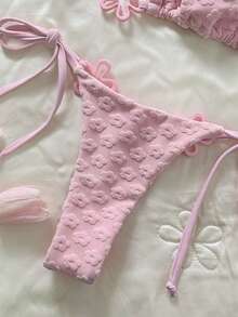 Swim Mod Set Bikini Halter Wanita Warna Pink dengan Detail Bunga dan Bagian Bawah dengan Tali Samping - Berwarna merah muda - View 7