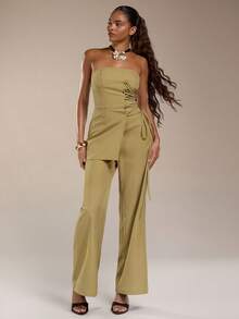 Normani 女士纯色抹胸设计休闲日常连体裤 - 芥末黃 - 查看 6