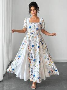 Elenzga Đầm chữ A tay cánh hoa cổ vuông thanh lịch dành cho nữ cỡ lớn, viền bèo nhún, thích hợp cho mùa xuân/hè. - Nhiều màu - Xem 8