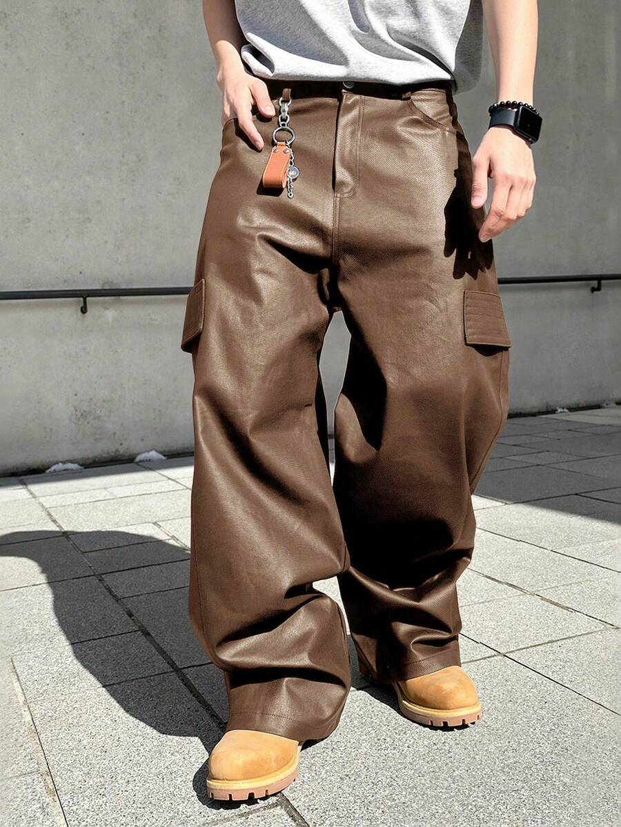 Manfinity EMRG Manfinity加大码男士黑色PU皮革宽松直筒工装裤，时尚百搭，送给男友的绝佳礼物 - 棕色 - 查看 1