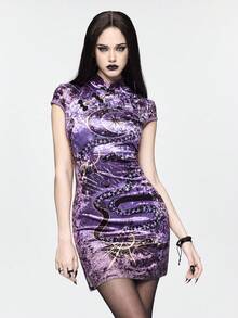 ROMWE Goth 新款中国风钻石丝绒蛇纹新月图腾箔印侧开衩女式短裙 - 彩色 - 查看 5