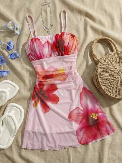 SHEIN Tween Girl Casual Pink Floral Mesh Vacation / Holiday, Vintage / Beach / Sea / Elegant Dress, Cute