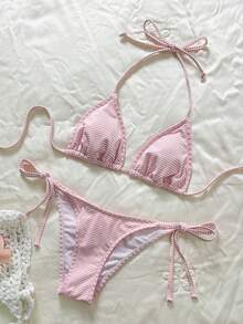 Swim Mod Women's Pink Striped Halter Bikini Set With Tie-Side Bottoms And Tie-Back Detail - Pink - View 3