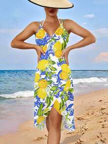 Swim Vcay 女士夏季沙滩数码柠檬印花网纱裹身连衣裙罩衫 - 黃色 - 查看 5