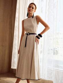 MOTF PREMIUM ELEGANT SLEEVELESS ROUND NECK CONTRAST TRIM MIDI A-LINE DRESS, VINTAGE STYLE, SPRING/SUMMER - Apricot - View 8