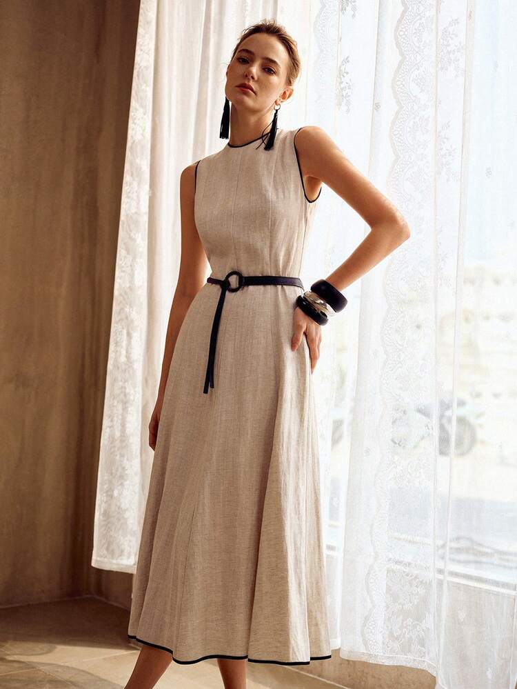 ELEGANT SLEEVELESS ROUND NECK CONTRAST TRIM MIDI A-LINE DRESS, VINTAGE STYLE, SPRING/SUMMER