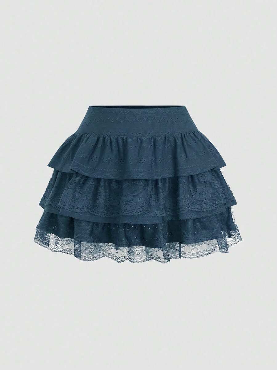 Sweetra 黑色提花纹理面料蕾丝边修身Y2K多层A字蓬蓬裙迷你裙 - 藏蓝色 - 查看 1