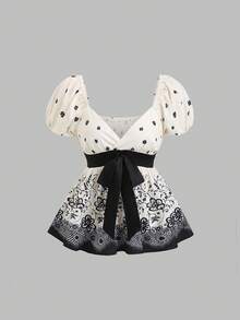 Sweetra 女士休闲度假时尚日常百搭约会波西米亚风印花撞色蝴蝶结泡泡袖短款露脐衬衫，春夏款 - 彩色 - 查看 1