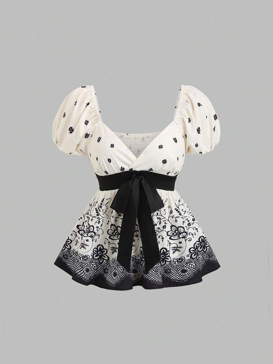 Sweetra 女士休闲度假时尚日常百搭约会波西米亚风印花撞色蝴蝶结泡泡袖短款露脐衬衫，春夏款 - 彩色 - 查看 1