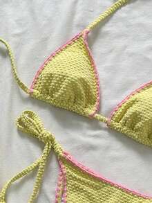 Swim Mod Women's Jacquard Fabric Halter Neck Shell Trim Bikini Set, Spring/Summer - Yellow - View 4