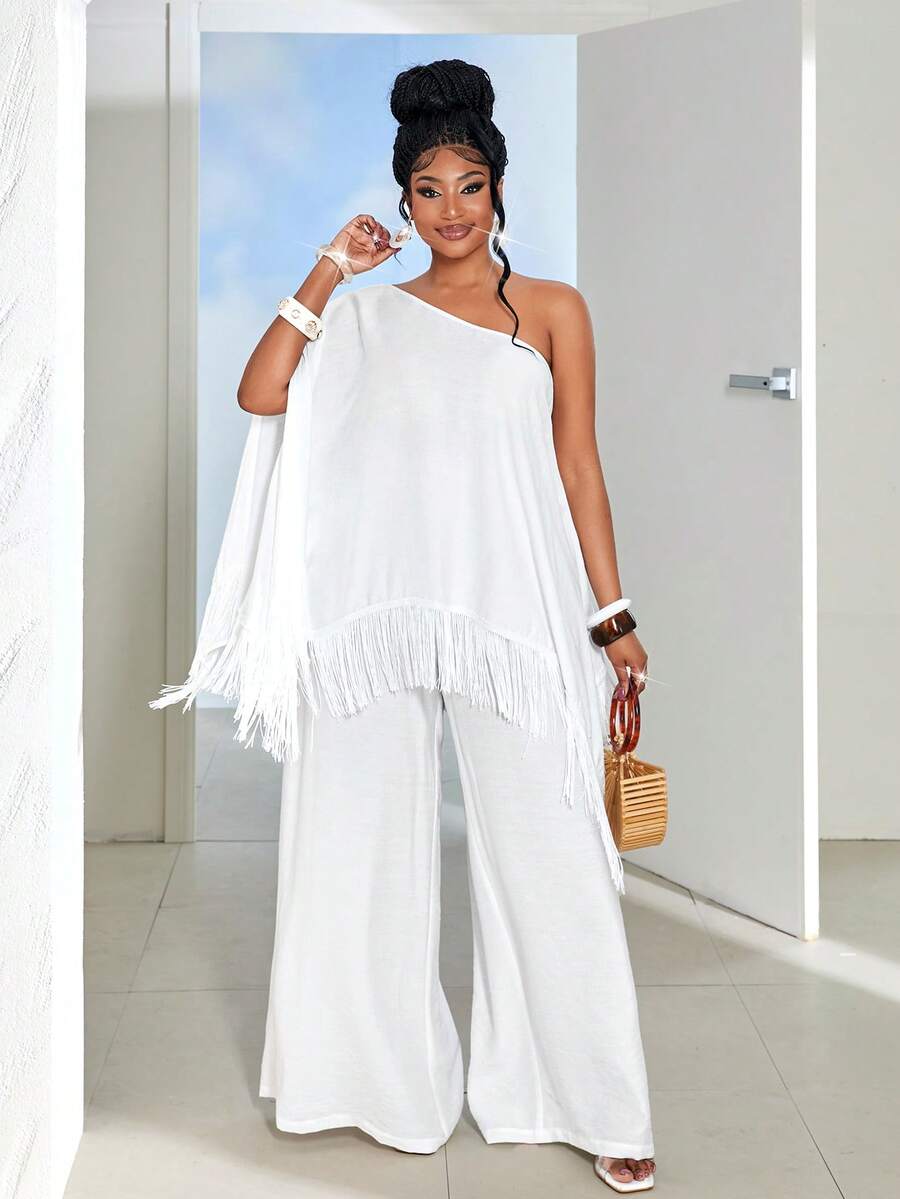 Maweii 大码斜肩通勤时尚百搭优雅女士两件套 - 白色 - 查看 1