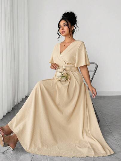 Elenzga Plus Size Women Elegant Vacation Casual V-Neck Loose Sleeve Dress