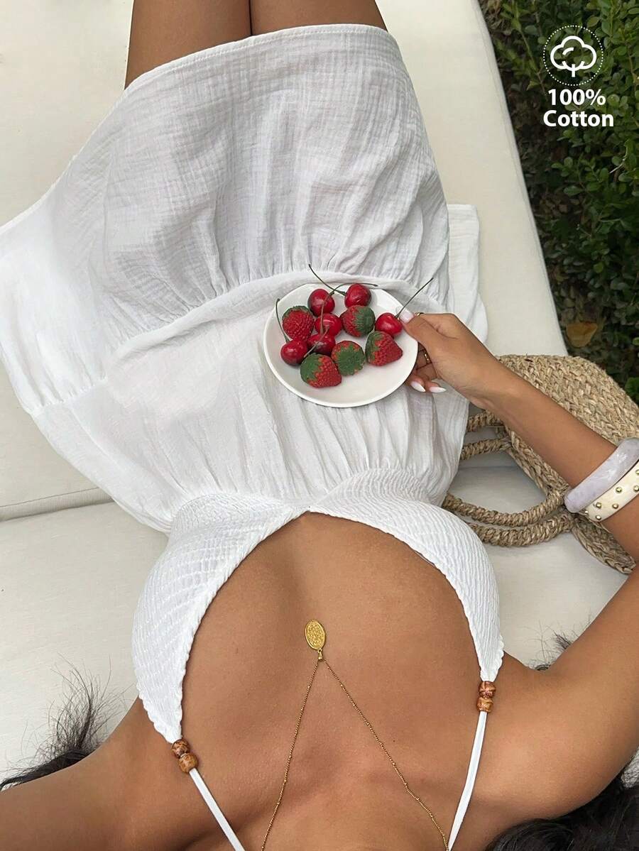 SHEIN SunnyBelle 女士白色纯棉喇叭迷你连衣裙，时尚休闲度假海滩装扮，浪漫优雅日常穿着，春夏款 - 白色 - 查看 1